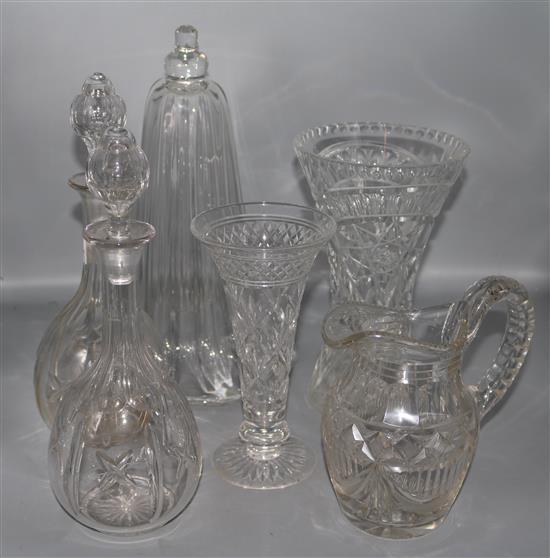 Pair Victorian glass decanters, a Regency style glass water jug and two glass trumpet shaped glasses